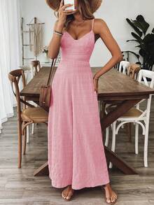 Breezaya Bộ jumpsuit nữ cổ chữ V hở lưng thắt nơ, màu đỏ hồng, thích hợp cho mùa xuân/hè. - Hồng - Xem 7