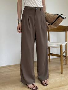 DAZY 女士纯色褶裥休闲通勤裤 - 鏽棕色 - 查看 4