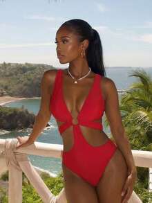 Vaytide Bộ đồ bơi liền thân gợi cảm thiết kế khoét sâu chữ V sâu 2025 dành cho nữ - Đỏ - Xem 2