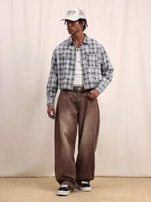 SUMWON Men's Crop Fit Long Sleeve Plaid Button Down Shirt With Back Graphics Washed Western Style Casual Streetwear - Black - View 4