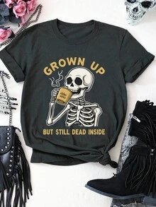 EMERY ROSE 骷髅头和咖啡图案字母标语女式圆领短袖T恤 - 深灰色 - 查看 3