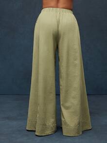 Solid Woven Elasticized Wide Waistband Extreme Wide Pants - Army Green - View 4