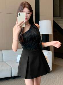 Women's Casual Solid Color Side Slit Mini Skirt Shorts, Summer - Black - View 6