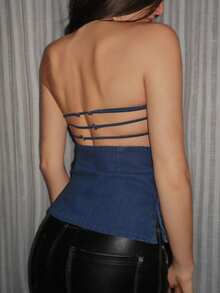 DAZY 夏季女士休闲侧开衩露背抹胸牛仔上衣 - 中等水洗藍 - 查看 4