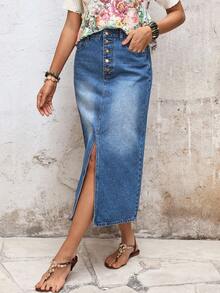 EMERY ROSE 女士休闲百搭约会旅行牛仔裙，带口袋和纽扣前开衩设计 - 藍色 - 查看 4