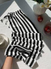 SHEIN EZwear 大码女式条纹抽绳腰休闲百搭阔腿裤，适合日常穿着 - 黑與白 - 查看 6