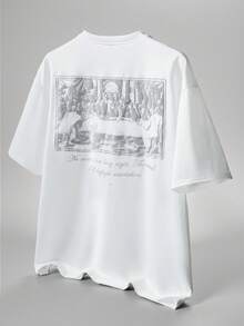 Manfinity Homme 男士休闲畅销款“最后的晚餐”3D立体浮雕图案T恤，百搭日常穿着，送给男友/丈夫的礼物，周年纪念礼物 - 白色 - 查看 6