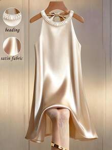 Franclia 女士简约优雅圆领串珠无袖宽松人造丝面料休闲系带露背迷你连衣裙 - 杏色 - 查看 4