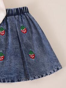 SHEIN Playful Pals 2pcs/Set Toddler Girls' Summer Outfit,Sleeveless Polo Neck Top & Embroidered Strawberry Denim Skirt,Matching Clothes For School,Family Vacation - Apricot - View 7