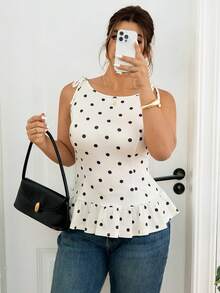 Lounesse 大码女式黑色波点系带肩部设计休闲T恤，修身下摆宽松版型，日常百搭上衣 - 黑與白 - 查看 6