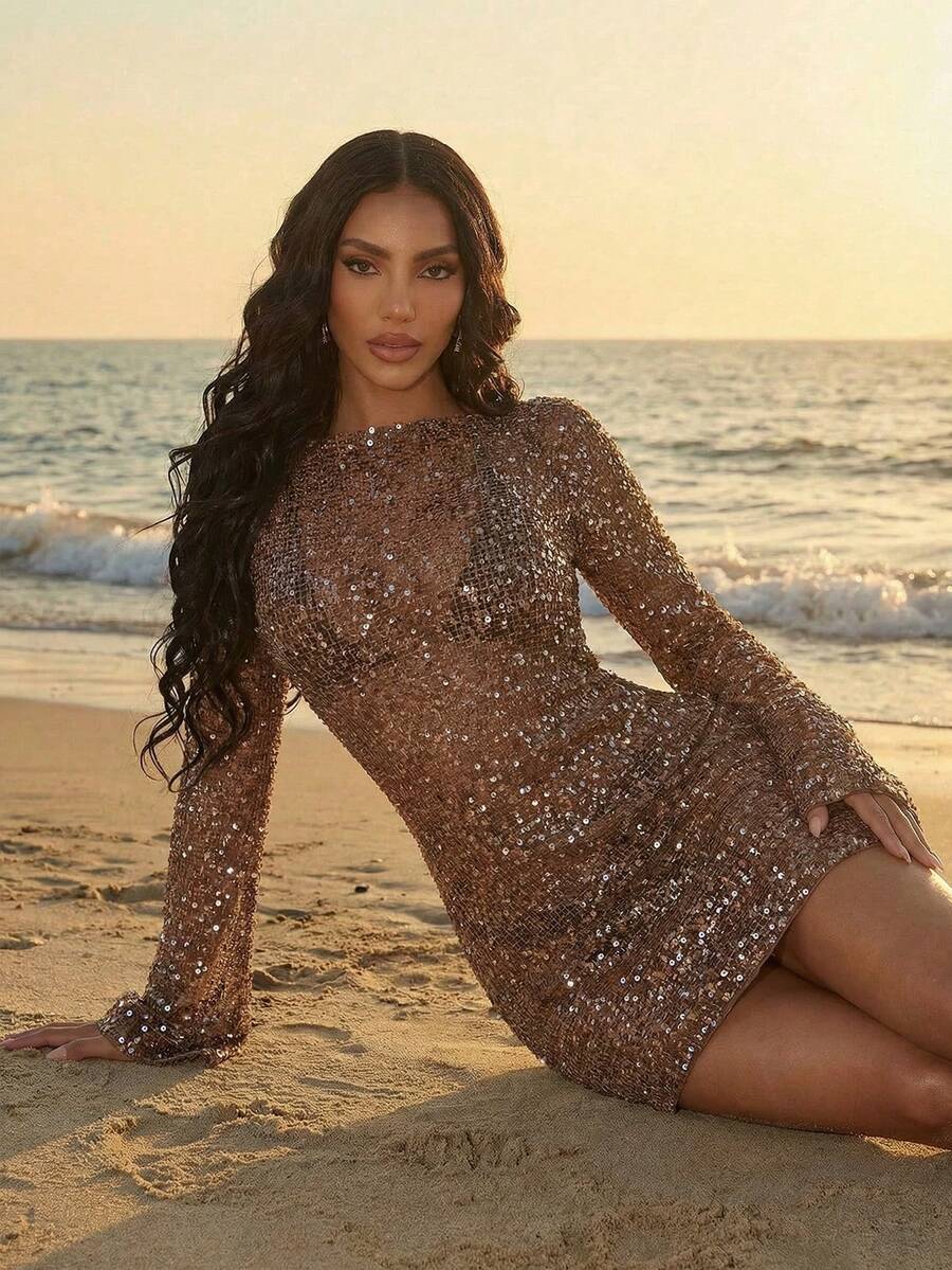 Silquee Women's Sequin Patchwork Casual Beach Resort Cover-Up Dress - Coffee Brown - View 1
