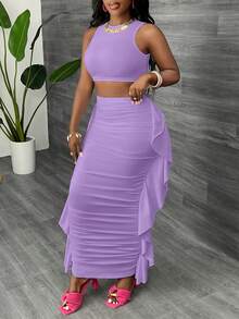 Slaydiva 夏季度假沙滩派对圆领无袖露背可调节腰带露脐上衣和荷叶边长裙两件套，纯色针织女装 - 紫色 - 查看 3