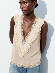 Maija 女士深V领荷叶边休闲百搭日常上衣 - 杏色 - 查看 4