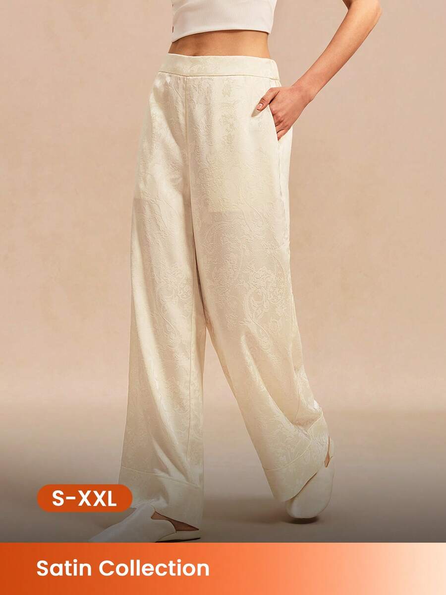 LUVLETTE Cream Satin Wide-Leg Sleep Pants - Pattern Lounge Trousers Elegant Home Wear Culotte Pyjama - Apricot - View 1