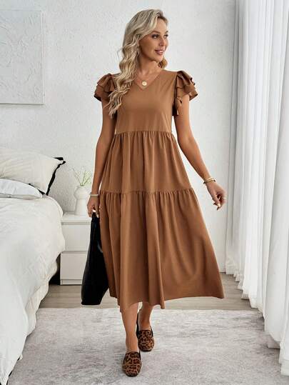 Louniche 女士纯色V领荷叶边短袖休闲中长连衣裙