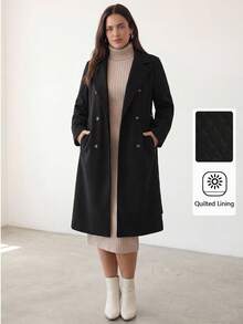 Juhart Plus Size Solid Color Minimalist Long Sleeve Overcoat, Everyday Wear - Black - View 1