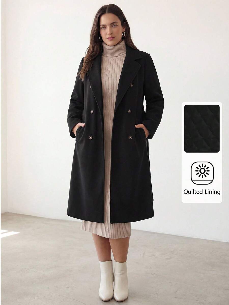 Juhart Plus Size Solid Color Minimalist Long Sleeve Overcoat, Everyday Wear - Black - View 1
