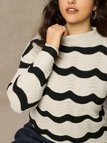 Juhart Áo len chui đầu họa tiết sóng cổ tròn tay raglan cỡ lớn cho nữ, mùa thu/đông - Màu be - Xem 6