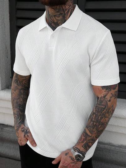 Manfinity CasualCool 3D提花短袖Polo衫，简约奢华，商务通勤，休闲聚会男士Polo衫