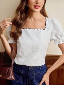 Vintamour 復古優雅女款刺繡襯衫，修身波浪下擺短袖黑白上衣，夏季休閒早午餐度假上班穿著，女式襯衫 - 白色 - 查看 3