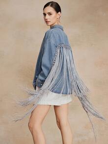 Anewsta Women's Elegant Romantic Fringe Trim Long Sleeve Shirt, Suitable For Parties, Vacations, Casual Wear, Spring/Summer - Blue - View 2