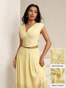 Modelyn Elegant Millet Yellow New Slim-Fit Crop Top With Elastic Waist Ruched Skirt, Spring/Summer - Yellow - View 6