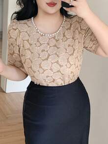 Dazy Plus Plus Size Women Floral Print Puff Sleeve Elegant Spring/Autumn T-Shirt, Suitable For Party - Khaki - View 8