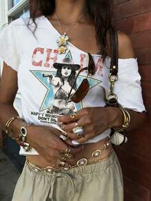 INAWLY 女士休闲字母印花斜肩百搭日常上衣 - 白色 - 查看 3