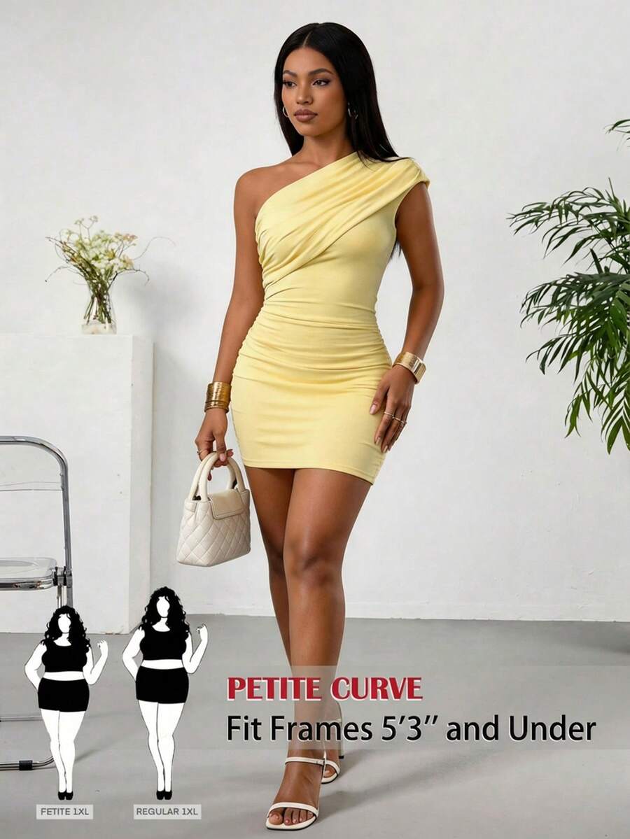 SHEIN PETITE CURVE Warna Kuning Mentega, Musim Panas, Elegan, Kencan Malam, Gaun Pantai Wanita Ukuran Plus Baru, Model Petite, Berkerut, Leher Asimetris, Tanpa Lengan, Pinggang Tinggi, Elastis - Kuning muda - View 1