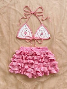 Soleia 女士沙滩度假休闲吊带毛衣文胸短裤两件套 - 粉色 - 查看 2