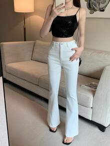 DAZY 女士休闲喇叭牛仔裤，街头风，适合夏季、春季、秋季穿着，Y2K风格 - 白色 - 查看 8