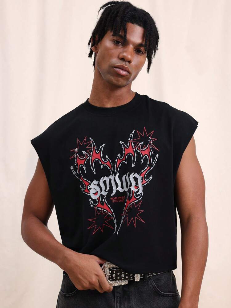 SUMWON Crop Fit Washed Tank Top With Gothic Flame Graphic And Text Print Sleeveless Muscle Tee Summer Festival Style