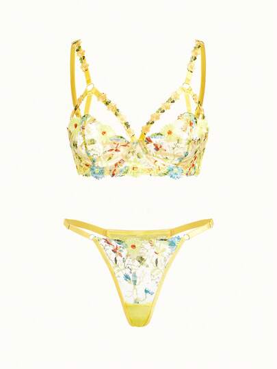 Bonmuse 2 件套女士性感内衣，无肩带文胸上饰有网眼、花卉刺绣和链条装饰，搭配丁字裤。可爱、甜美、乡村风格的性感内衣套装。花朵图案内衣套装。带钢圈的刺绣内衣套装，提供全覆盖。