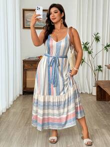 Weeklong Plus Size Women Casual Striped Spaghetti Strap Elastic Comfortable Dress - Multicolor - View 7