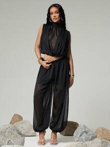 Hauture Áo không tay xếp ly gợi cảm bằng chiffon dành cho nữ, cổ giả rủ, buộc dây phía sau. - màu đen - Xem 3