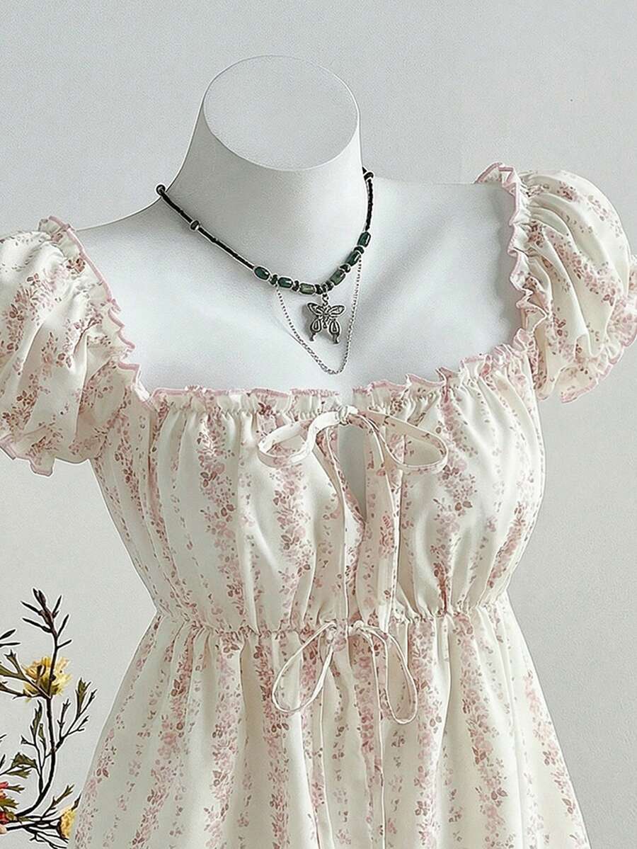 Elamini Camisa de mujer con estampado floral y ribete de contraste con lazo en la cintura, para vacaciones a principios de primavera - Rosa - Ver 1