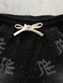 ROMWE MEN Men's Drawstring Waist Letter & Rhinestone Graphic Casual Versatile Daily Wear Shorts - Black - View 3