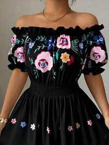 Modelyn 女士露肩花瓣袖印花腰部A字裙摆浪漫优雅休闲夏季连衣裙 - 黑色 - 查看 3