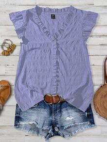 SHEIN JORESS Plus Size Women's Solid Color Textured V-Neck Ruffle Trim Petal Sleeve Fitted Casual Regular Blouse - Lilac Purple - View 6