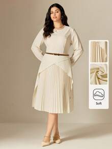 Juhart 大码女式梭织常规优雅圆领长袖褶皱米色连衣裙，秋冬 - 米色 - 查看 1