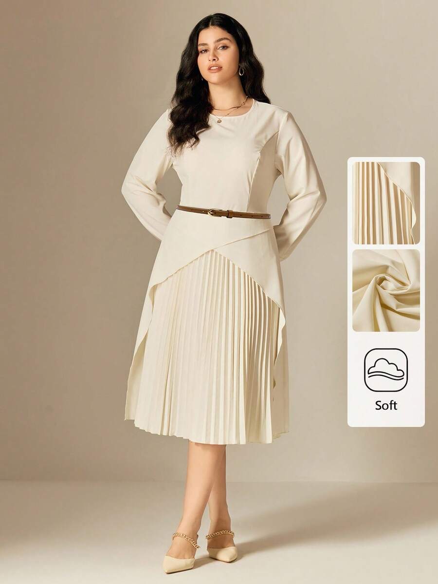Juhart 大码女式梭织常规优雅圆领长袖褶皱米色连衣裙，秋冬 - 米色 - 查看 1