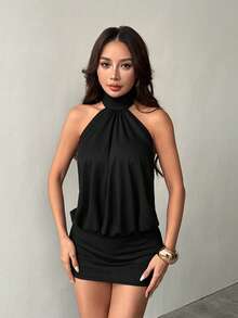 SHEIN PETITE Elegant Sleeveless Black Mini Dress With Ruched Detail And Cold Shoulder Style Halter Neck Dress Black Dress Halter Top Black Halter Dress,Black Dresses Classy Elegant ,Party Dress - Black - View 5