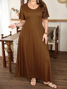 Modelyn Plus Size Women's Ruffle Hem A-Line Dress, Minimalist Elegant Short Sleeve - Brown - View 4