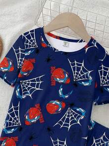 Jungen Superheld & Spinnen Grafik Muster Rundhals Kurzarm Shorts 2-teiliges Pyjama Set, dehnbarer Strickstoff, bequem & weich, navy blau - marineblau - Übersicht 3