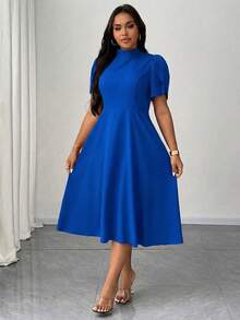 Elenzga 大码女式短袖连衣裙，休闲简约日常穿搭收腰A字长裙，优雅高领紫色连衣裙，女士假日装扮，度假连衣裙 - 藍色 - 查看 3