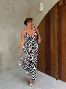 Firerie 女士优雅时尚休闲斑马纹垂褶领长连衣裙，适合日常穿着、音乐节和郊游 - 黑與白 - 查看 1