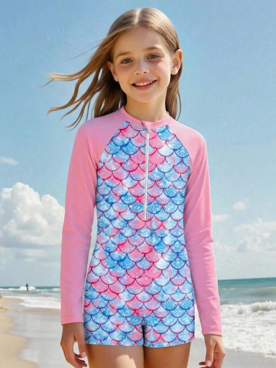 SHEIN 新款时尚大码女童连体泳衣，长袖短裤，前拉链设计，粉色多色美人鱼鳞片印花，连体泳装 - 彩色 - 查看 1
