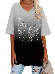 EMERY ROSE Áo thun ngắn tay cổ chữ V dáng rộng dành cho nữ, họa tiết bướm chuyển màu, thích hợp mặc hàng ngày vào mùa xuân và mùa hè. - Nhiều màu - Xem 3