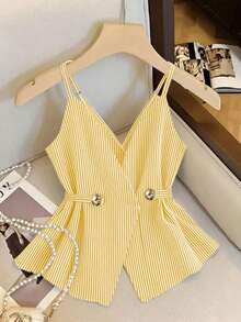 Franclia Áo camisole nữ kiểu dáng thường ngày kẻ sọc có cúc trang trí - Màu vàng - Xem 5