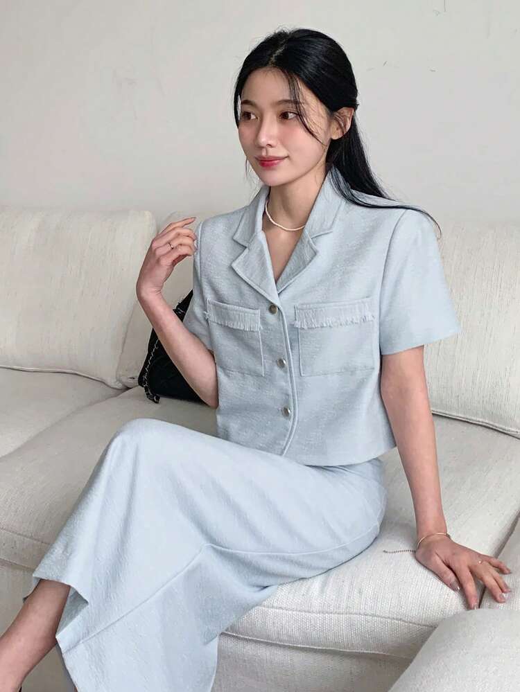 Women's Collared Short Jacket And Fitted Skirt 2 Pieces Set Summer